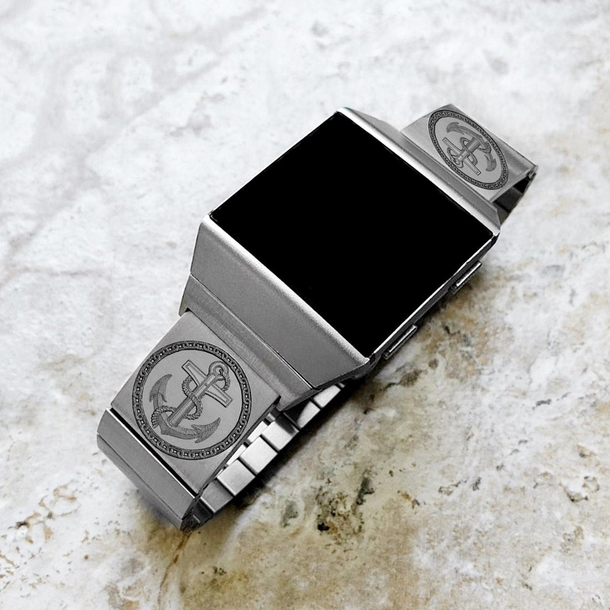 Engraved Watch Band Compatible with Fitbit Ionic Smartwatches Silver Color Stainless Steel Bracelet Strap with Quick Release Adapters AN1